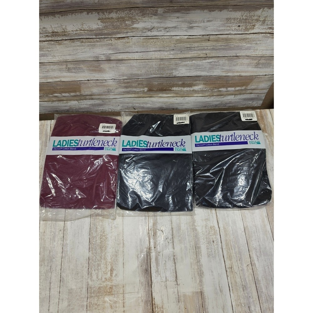 Lot of 3 Vintage Ladies Turtleneck Shirts XL Black Burgundy Made in USA NIP NOS